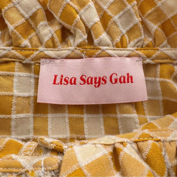 Lisa Says Gah! Yellow Blouse Ruffle Collar Button Down Checkered - Picture 3 of 7